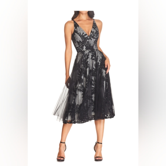 Dress the Population Black Floral Lace Midi Dress - Picture 1 of 4